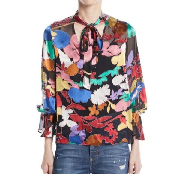 Alice + Olivia Tops - Alice + Olivia Mora Tie-Neck Floral Blouson-Sleeve Blouse Small